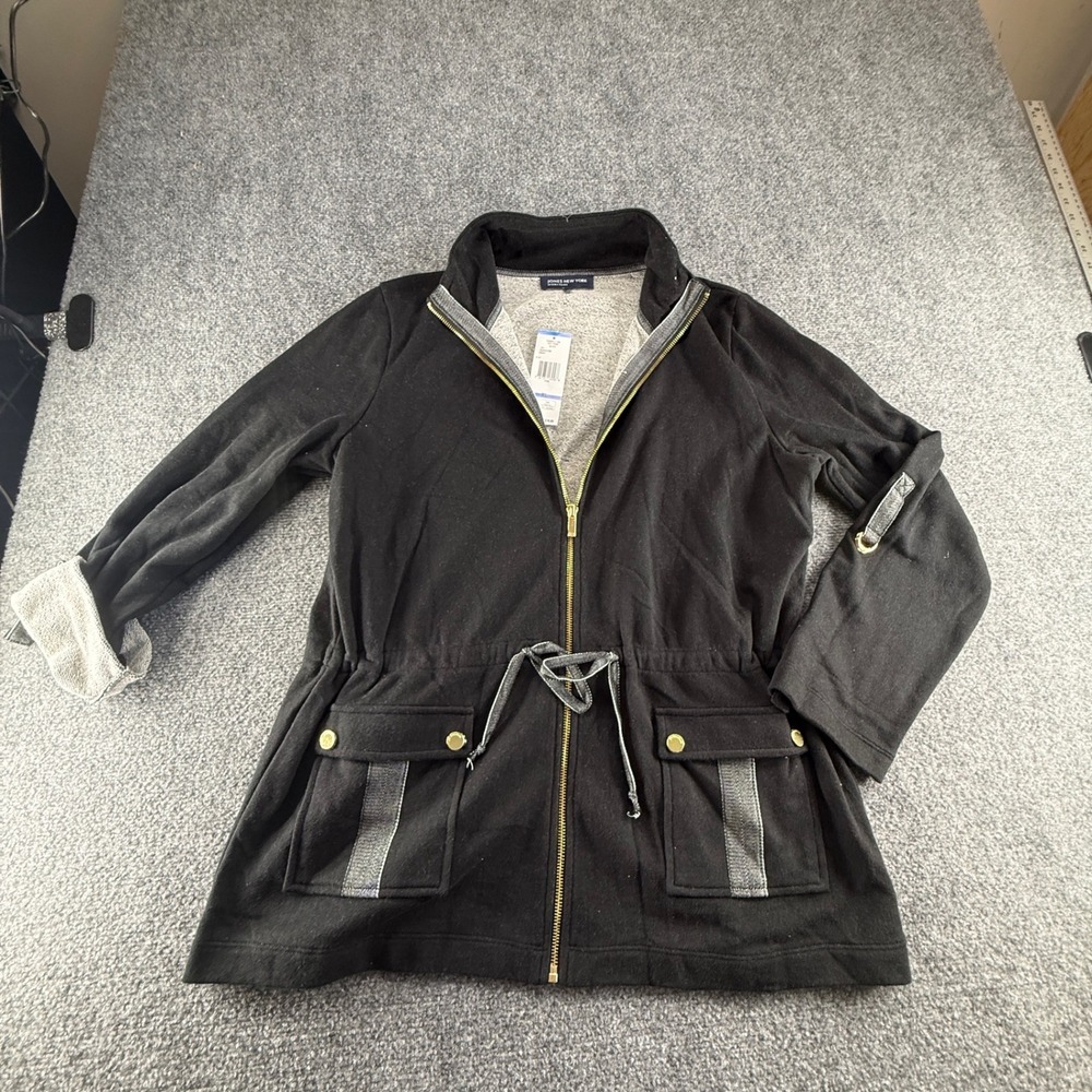 Jones New York Signature Womens XL Black Utility Zip Up Jacket French Terry NWT